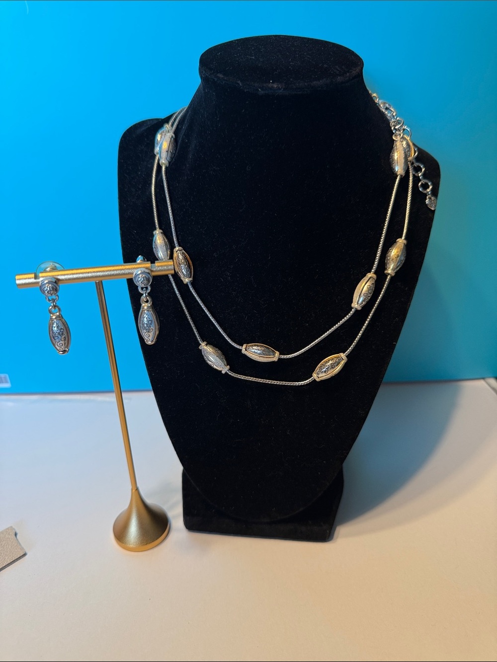 Brighton Silver-Tone Multi Strand Oval Bead Necklace with Matching Drops